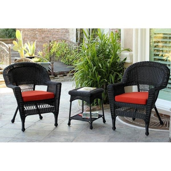 Jeco Jeco W00207_2-CES018 3 Piece Black Wicker Chair And End Table Set With Red Orange Cushion W00207_2-CES018